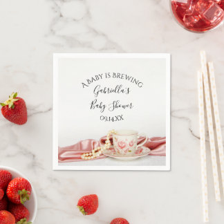 Pink Floral Tea Cup Baby is Brewing Shower Napkins