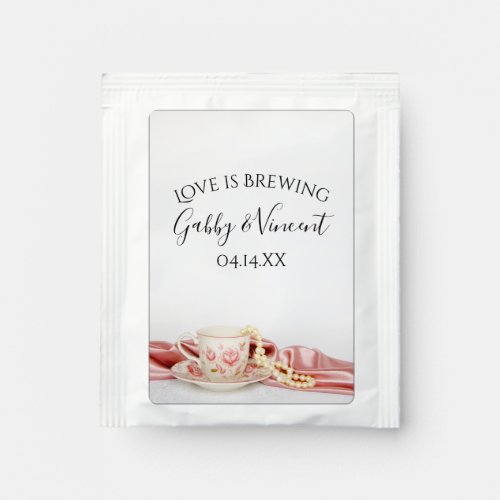 Pink Floral Tea Cup Love is Brewing Wedding Tea Bag Drink Mix