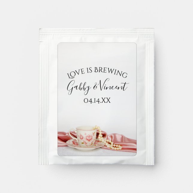 Pink Floral Tea Cup Love is Brewing Wedding Tea Bag Drink Mix (Front)