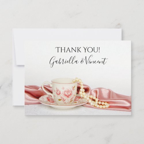 Pink Floral Tea Cup Pearls Wedding Thank You Note