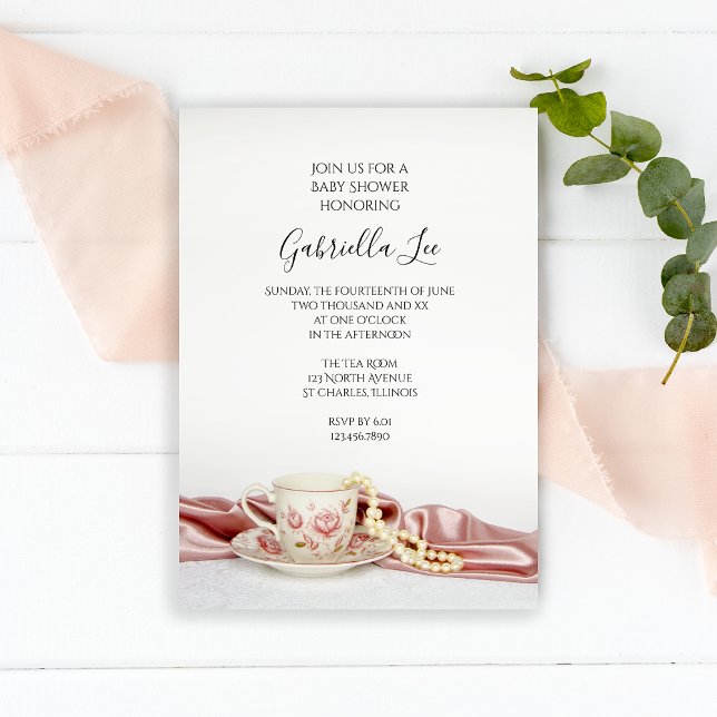 Pink Floral Tea Cup with Pearls Baby Shower Invitation (Creator Uploaded)