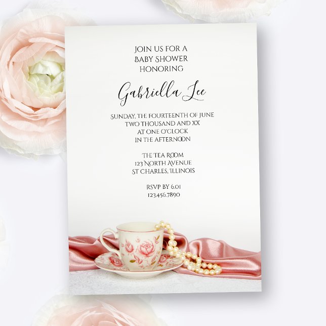 Pink Floral Tea Cup with Pearls Baby Shower Invitation (Creator Uploaded)