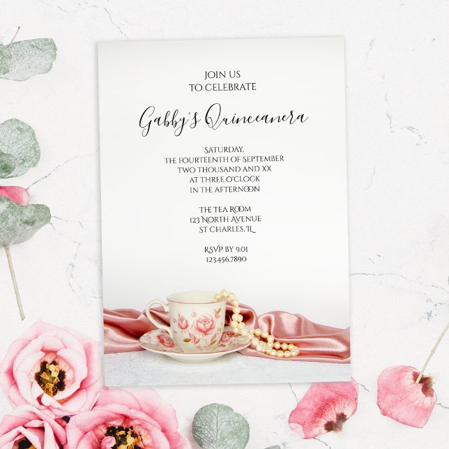 Pink Floral Tea Cup with Pearls Quinceanera Party Invitation (Creator Uploaded)