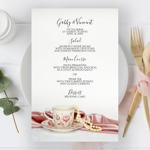 Pink Floral Tea Cup with Pearls Wedding Menu