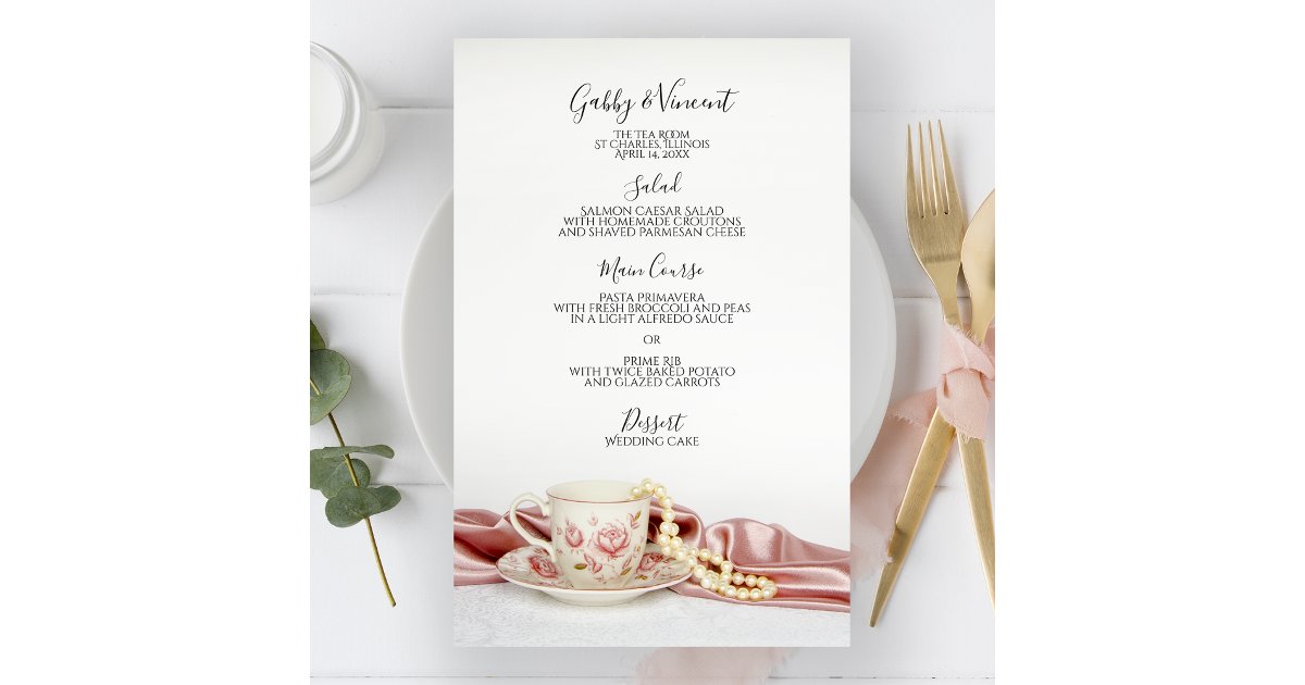 Pink Floral Tea Cup with Pearls Wedding Menu | Zazzle