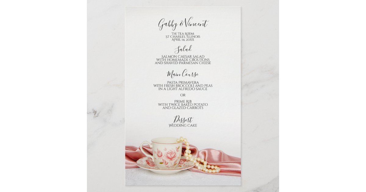 Pink Floral Tea Cup with Pearls Wedding Menu | Zazzle
