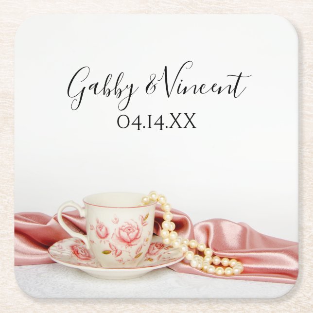 Pink Floral Tea Cup with Pearls Wedding Square Paper Coaster (Front)