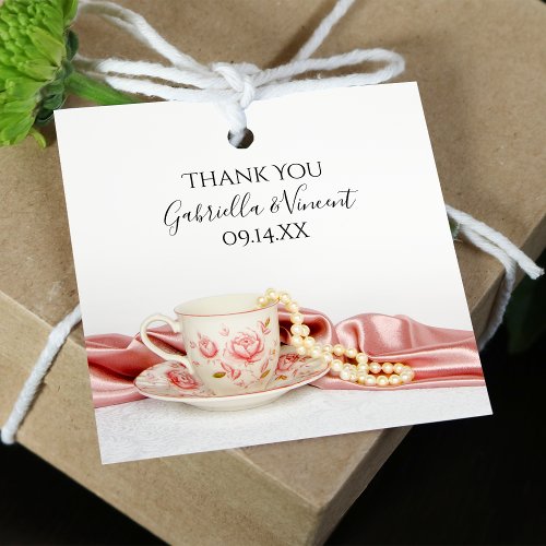 Pink Floral Tea Cup with Pearls Wedding Thank You Favor Tags