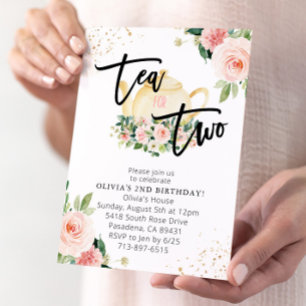 Pink Floral Tea For Two 2nd Birthday Party Invitation