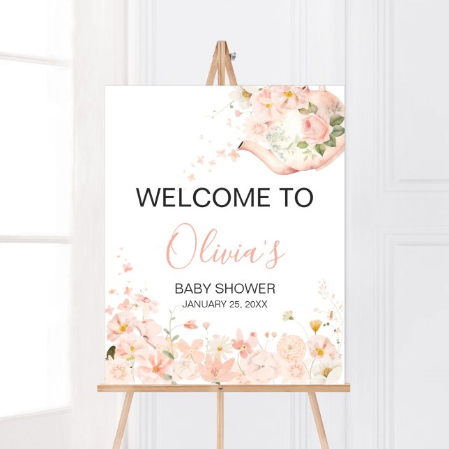 Pink Floral Tea for Two Baby Shower Welcome Poster (Pink Floral Tea for Two Baby Shower Welcome Sign)