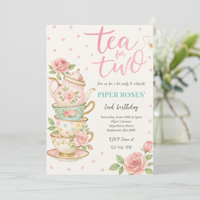 Pink Floral Tea For Two Birthday Invitation (Standing Front)