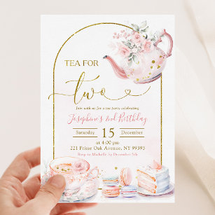 Pink Floral Tea for Two Girl Birthday Party Invitation