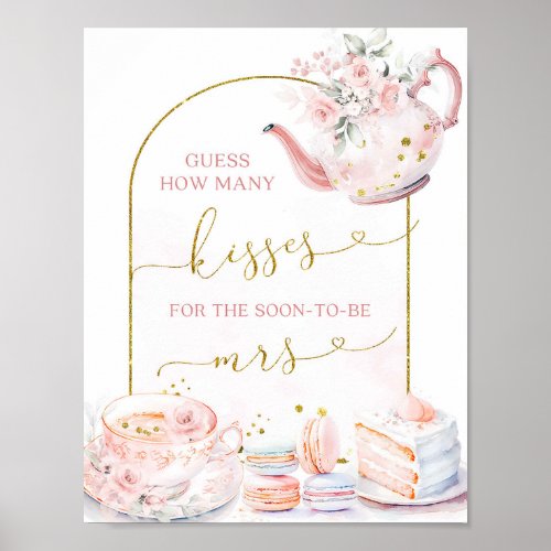 Pink Floral Tea How Many Kisses Bridal Games Poster