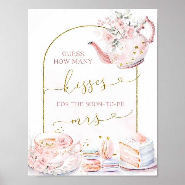 Pink Floral Tea How Many Kisses Bridal Games Poster (Front)