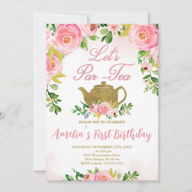 Pink Floral Tea Party 1st Birthday, Pink Par-Tea Invitation (Front)