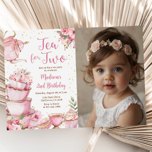 Pink Floral Tea Party 2nd Birthday Photo Invitation
