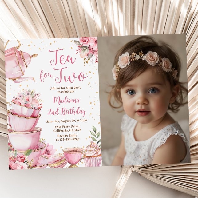 Pink Floral Tea Party 2nd Birthday Photo Invitation (Creator Uploaded)