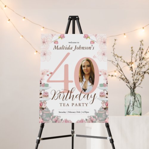 Pink Floral Tea Party 40th Birthday Welcome Sign
