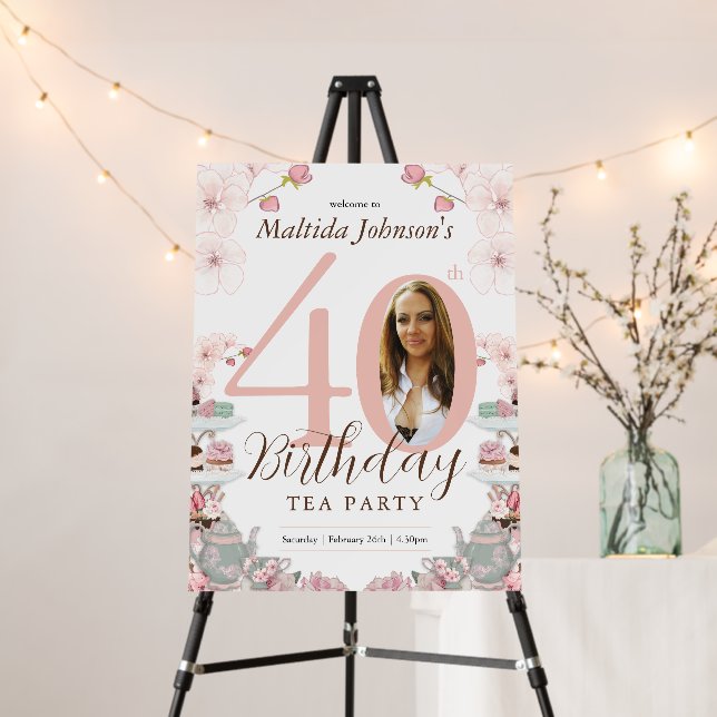 Pink Floral Tea Party 40th Birthday Welcome Sign (In Situ (Stand))