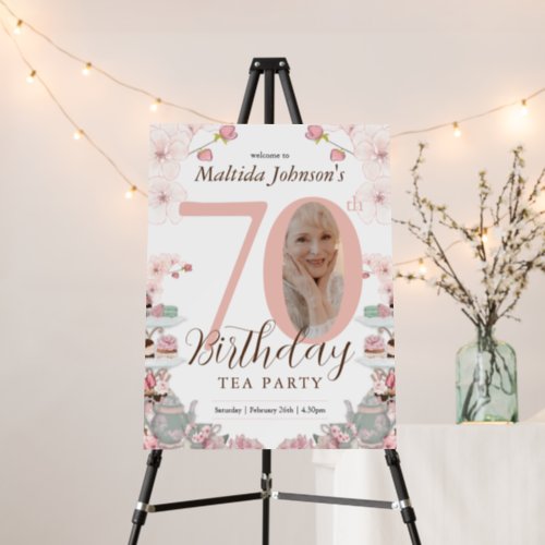 Pink Floral Tea Party 70th Birthday Welcome Sign
