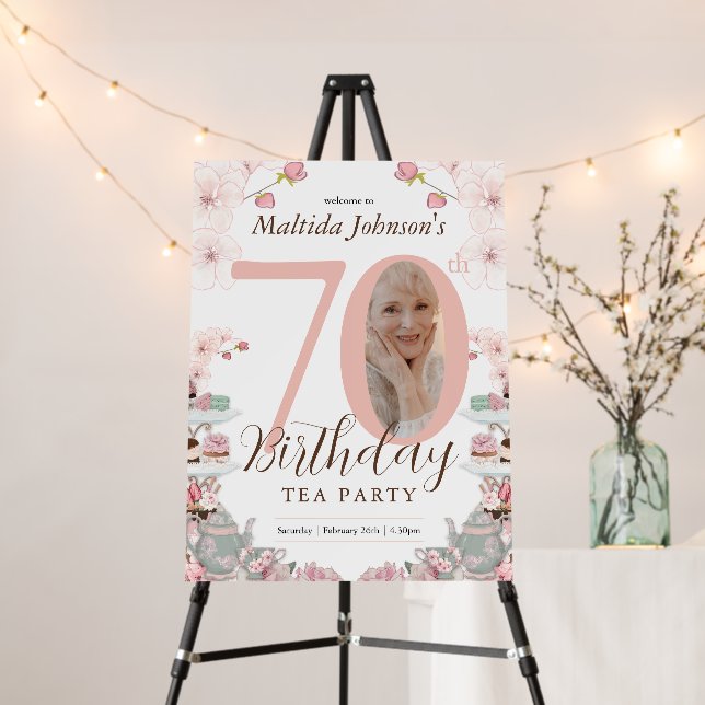 Pink Floral Tea Party 70th Birthday Welcome Sign (In Situ (Stand))
