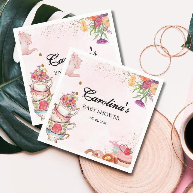 Pink Floral tea party Baby is Brewing baby shower Napkins (Creator Uploaded)