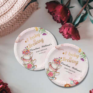 Pink Floral tea party Baby is Brewing baby shower Paper Plates