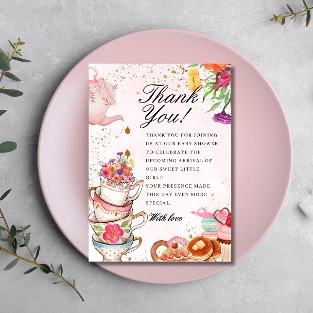 Pink Floral tea party Baby is Brewing baby shower Thank You Card (Creator Uploaded)