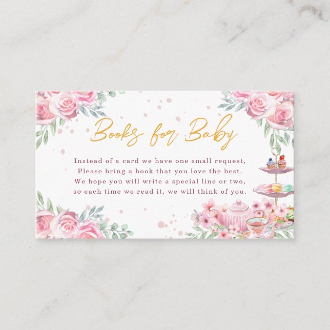 Pink Floral Tea Party Baby Shower Books for Baby Enclosure Card (Front)
