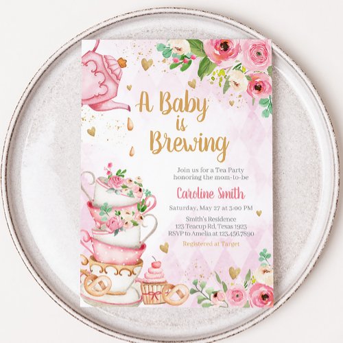 Pink Floral Tea Party Baby Shower  Invitation