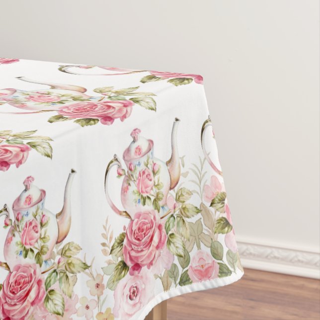 Pink Floral Tea Party Baby Shower Tablecloth (In Situ)