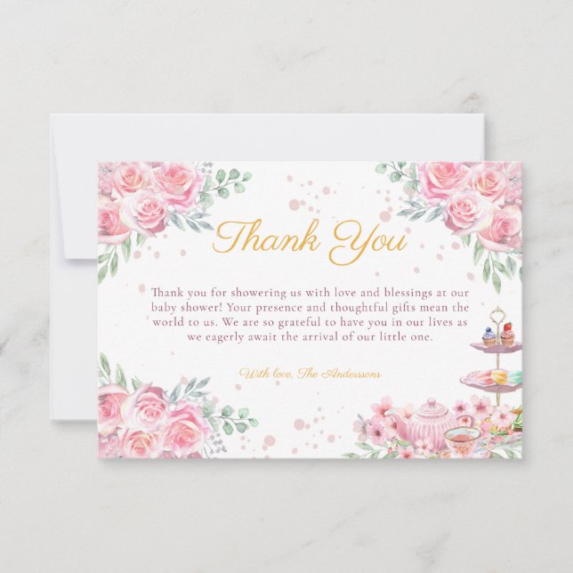  Pink Floral Tea Party Baby Shower Thank You Card (Front)