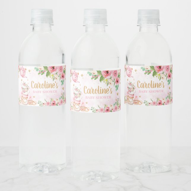 Pink Floral Tea Party Baby Shower  Water Bottle Label (Bottles)