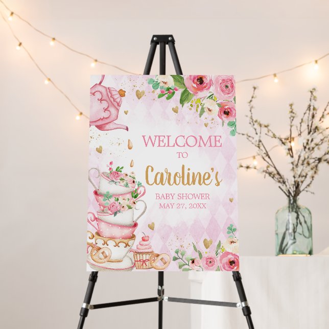 Pink Floral Tea Party Baby Shower Welcome Sign (In Situ (Stand))