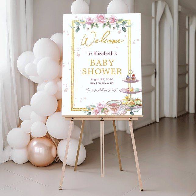 Pink Floral Tea Party Baby Shower Welcome Sign (A Baby is Brewing - Pink Floral Tea Party Baby Shower Welcome Sign)