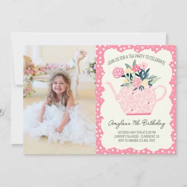 Pink Floral Tea Party Birthday Photo Invitation (Front)