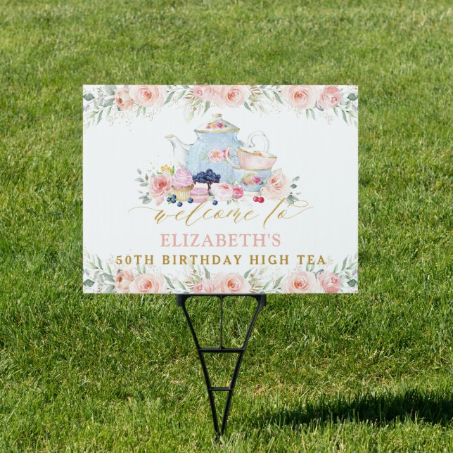Pink Floral Tea Party Bridal Baby Birthday Welcome Sign (Insitu)