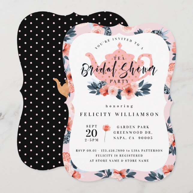 Pink Floral Tea Party Bridal Shower Invitation (Front/Back)