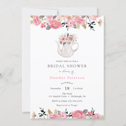 Pink Floral Tea Party Bridal Shower Invitation