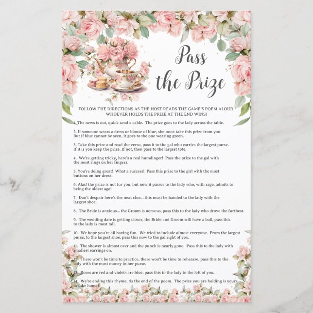 Pink Floral Tea Party Bridal Shower Pass the Prize (Front)