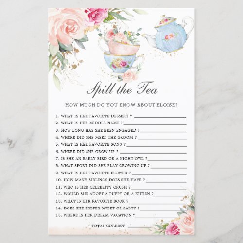 Pink Floral Tea Party Bridal Shower Spill the Tea 