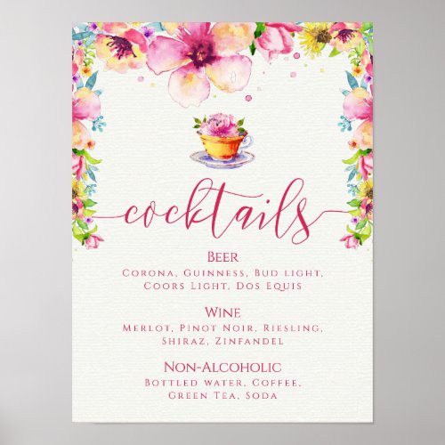 Pink Floral Tea Party Cocktail Menu Poster