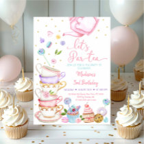 Pink Floral Tea Party Let's Par-tea Birthday Invitation