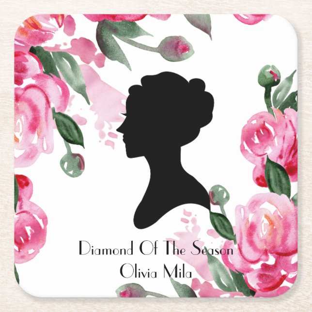 Pink floral tea party  square paper coaster (Front)