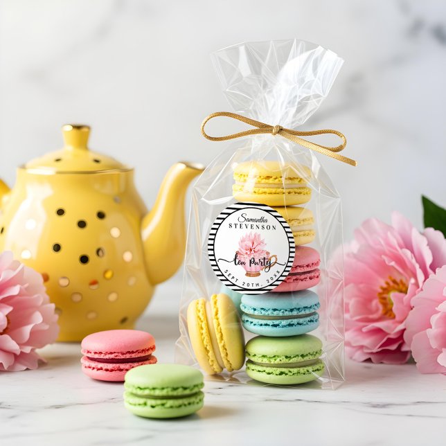 Pink Floral Tea Party Teacup Stripe Baby Shower Classic Round Sticker (Pink Floral Tea Party Teacup Stripe Baby Shower Classic Round Sticker)