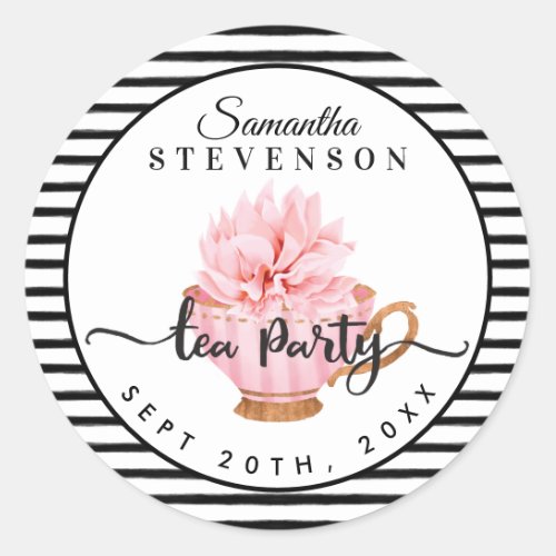 Pink Floral Tea Party Teacup Stripe Baby Shower Classic Round Sticker