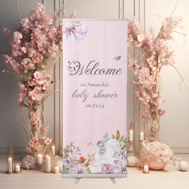 Pink Floral Tea Party Theme Baby Shower Welcome Retractable Banner (Creator Uploaded)