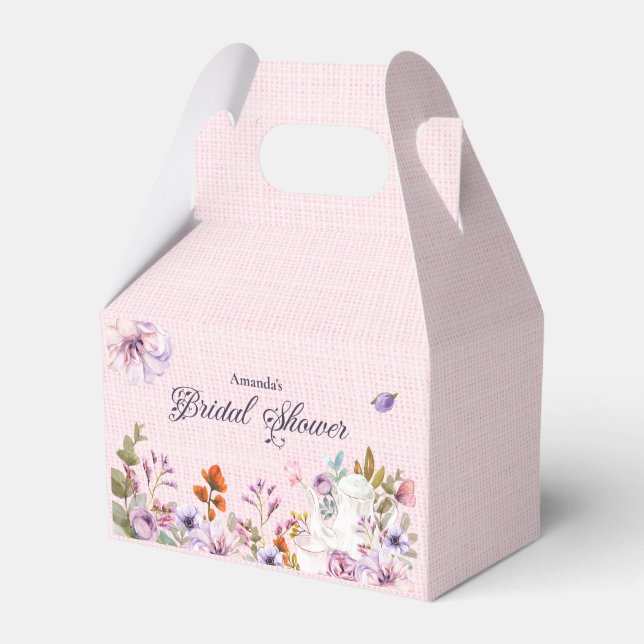 Pink Floral Tea Party Theme Bridal Shower Favor Boxes (Front Side)