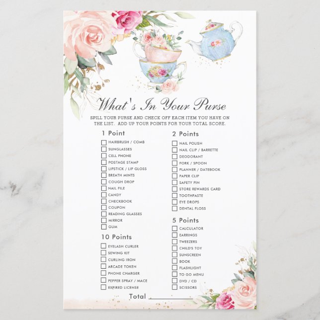 Pink Floral Tea Party What's In Your Purse Game (Front)