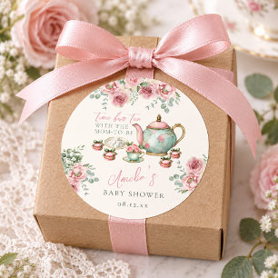 Pink Floral Tea with the Mom-to-be Baby Shower Classic Round Sticker